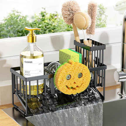 Sink Caddy Sponge Holder for Kitchen with Brush Holder and Stainless Steel Self Drain Tray, Rustproof Kitchen Sink Organizer for Sponge, Soap Dispenser Storage Accessories