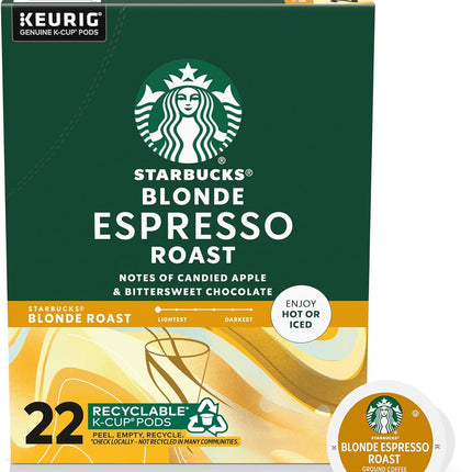 Starbucks K-Cup Coffee Pods, Starbucks Blonde Espresso Roast Hot or Iced Coffee, 22 Keurig Pods
