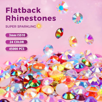 45000Pcs Resin Jelly Rhinestones for Bedazzling, 3mm Multicolor Flatback Rhinestones, Bedazzling Kit with 4Pcs B7000 Jewelry Glue and Tools, Bedazzler Kit for Crafting Book Clothes Makeup Shoes