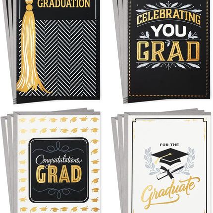Hallmark Graduation Cards Assortment, Black and Gold, Congratulations Grad (12 Cards and Envelopes, 4 Designs)