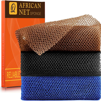 3 Pieces African Bath Sponge African Net Long Net Bath Sponge Exfoliating Shower Body Scrubber Back Scrubber Skin Smoother,Great for Daily Use (Black、Blue、Brown)