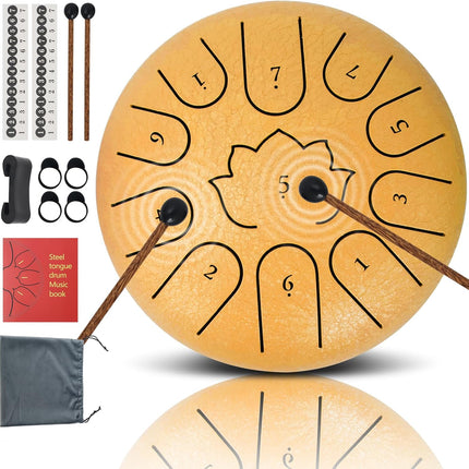 Rain Drum for Outside Garden,6 Inch 11 Note 440Hz Steel Tongue Drum C Major, Steel Drum for Kids & Adults, Music Education & Meditation Drum for Patio&Backyard, with Mallets, Bag & Book(Gold)