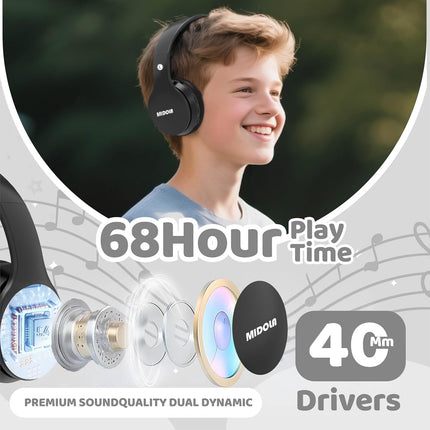 Kids Headphones Bluetooth 5.4 Wireless 68H Play Time Volume Limit 85/94dB Over-Ear Foldable Headset,Type-C Fast Charging,with Wired Aux Mic for Toddler Child Pad Tablet Black
