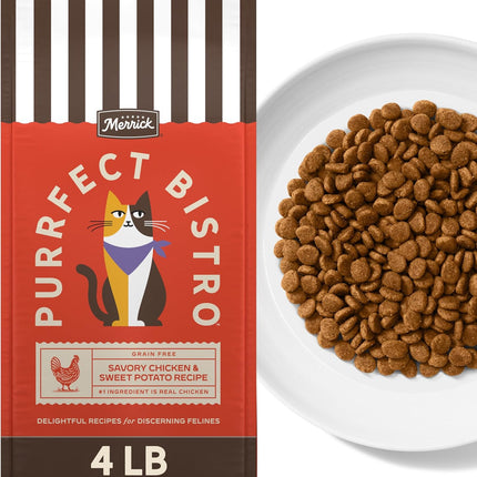 Merrick Purrfect Bistro Grain Free Chicken and Sweet Potato Recipe Natural Dry Cat Food for Adult Cats, High Protein, Outdoor or Indoor Cat Food - 4 lb. Bag