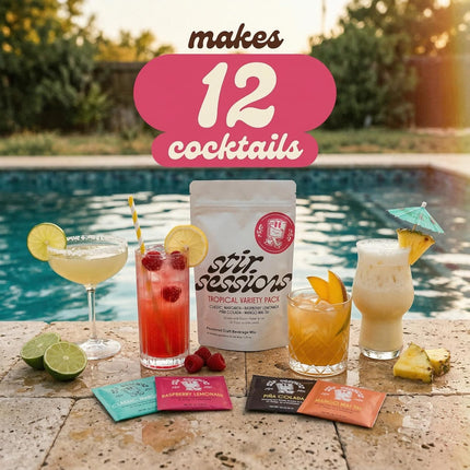 Stir Sessions Tropical Variety Pack - 12 Packets | Margarita Mix, Raspberry Lemonade, Pina Colada, Mango Mai Tai Cocktail Mixers | Made with Real Fruit | Low-Sugar Mocktail Mixers | Made in the USA