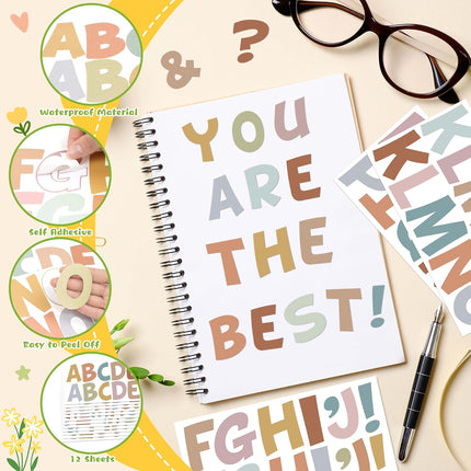 Bulletin Board Letters 132 Pcs 12 Sheets Large Letter Stickers Vinyl Self-Adhesive Alphabet Stickers Uppercase A-Z Letters for Poster Board Mailbox Party Classroom Decor DIY Crafts (2.5 Inch, Boho)