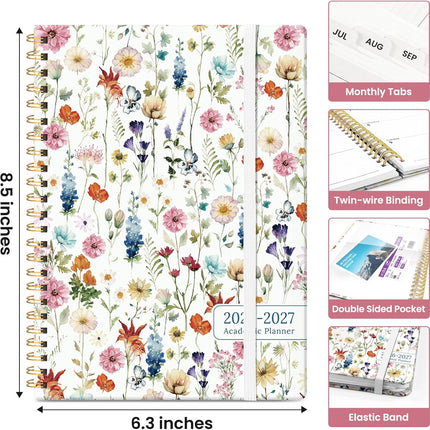 Planner 2026-2027, Academic Year Monthly and Weekly Calendar Planner, Jul 2026 - Jun 2027, Hardcover Teacher Student Planning Agenda book with Tabs, Perfect for School Office Supplies, 6.3" x 8.5" - Wildflowers