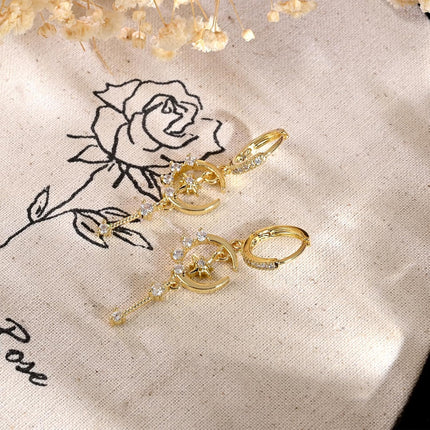 Star and Moon Earrings Dangle Hoop Earrings for Women Huggie with Cubic Zirconia Celestial Space Style