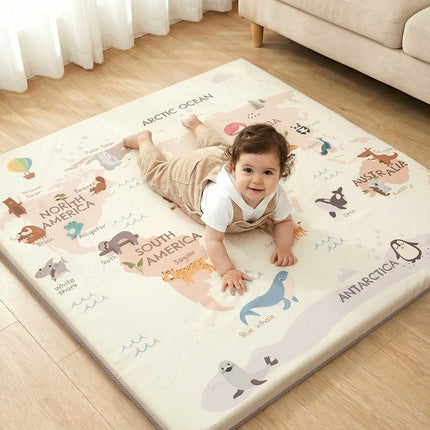 Joypony Baby Play Mat for Floor 50x50, 1.5” Thick Vegan Leather Crawling Mat with Removable Cover, Waterproof Playpen Mat for Infants and Toddlers, Wipe-Clean Kids Playmat, World Map