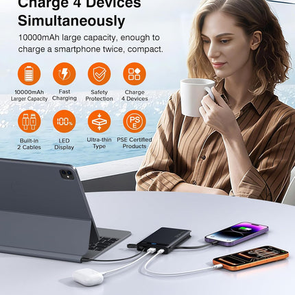 Power Bank with 2 Built-in Cables 10000mAh, 22.5W PD Slim Portable Charger USB C Battery Pack, Travel Essentials Fast Charging Powerbank Compatible with iPhone 17 16 15 14 Plus Pro Samsung iPad etc