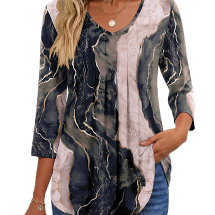 3/4 Length Sleeve Womens Tops V Neck Blouses Pleated Casual Shirts
