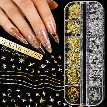 Gold and Silver Nail Charms and Gems Set, 6 Boxes Multi-Shapes Nail Gems Nail Rhinestones Nail Pearls for Nail Art Design