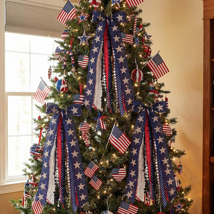 Large Patriotic Front Door Wreath Sash, 8-Ribbon Americana Star Bow with Metal Clip, Wired Edge Red White Blue Decor for Independence Memorial Day