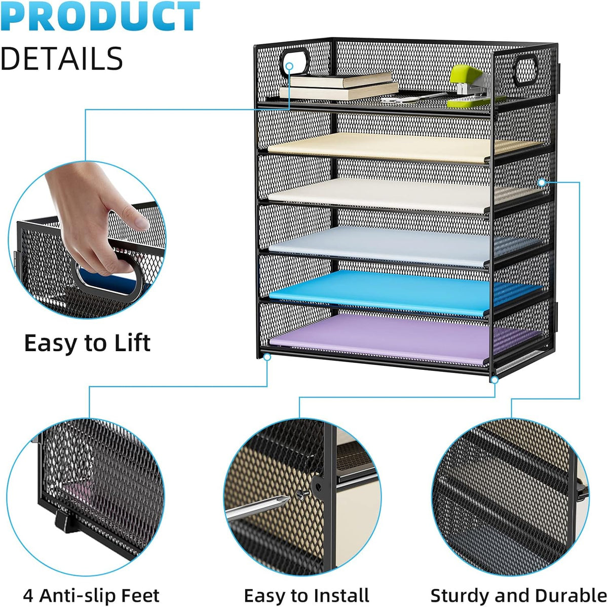 6 Tier Black Mesh Paper Organizer Letter Tray with Handle - photo 3