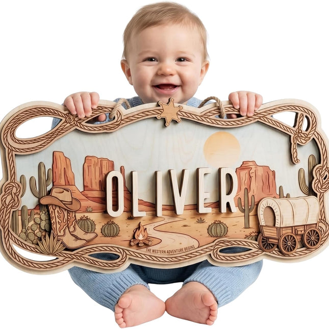Western Nursery Name Sign - Personalized Wooden Baby Name Sign with Cowboy