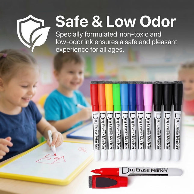 Magnetic Dry Erase Markers, 1mm Fine Tip, 10 Colors, 12 Pack