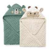Muslin Baby Hooded Towel 2 Pack, Soft & Absorbent Bath Towel for Infant, Toddler, Unisex, Baby Gift, Newborn Essentials, Bear & Lamb