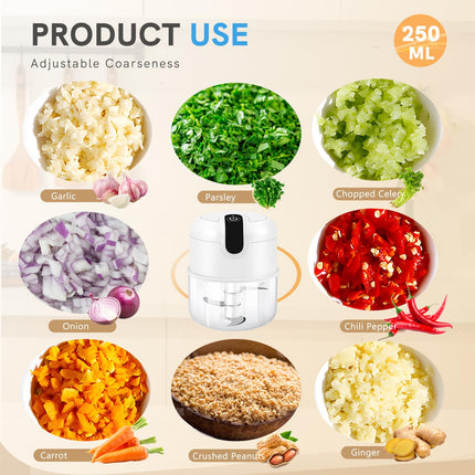 Electric Garlic Chopper, 250ml Mini Food Processor, USB Rechargeable Garlic Mincer, Wireless Small Food Chopper for Onion, Veggie, Ginger, Chili, Fruit, Meat