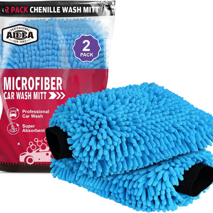AIDEA Car Wash Mitt Microfiber-2PK, Scratch-Free& Lint-Free, Premium Chenille Microfiber Wash Mitt-Blue Regular Size (7.12''X10.14'')