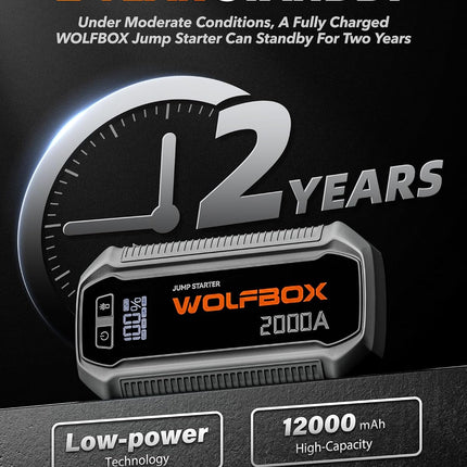 WOLFBOX 2000A Jump Starter, 44.4Wh Battery Jumper Starter Portable with LED Display, 12V Car Battery Jump Starter Pack (7L Gas 6L Diesel Engine) with Booster, LED Light, Jumper Cables (NO Adapter)