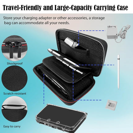 JDGPOKOO 5 in 1 Accessories Kit for Nintendo New 3DS, Carrying Case for New 3DS, Clear Shell Case, 2 Set Screen Protectors and Charging Cable Compatible with New Nintendo 3DS‌ ONLY