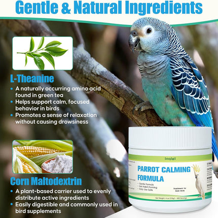 Parrot Calming Supplement – Natural Bird Stress Support Powder for Fireworks, Travel & Visitors – Vet-Formulated – Easy to Use Daily Support for Parrots – 4oz (450 Servings)