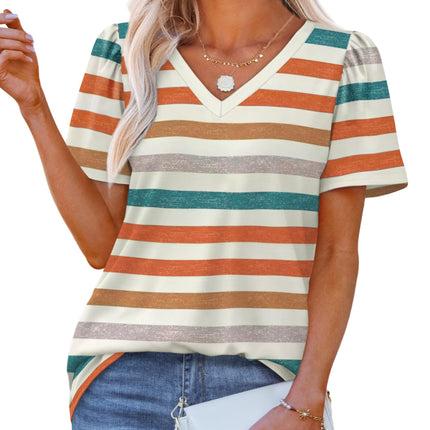 T Shirts for Women V Neck Dressy Casual Blouses Puff Short Sleeve Summer Tops Loose Fit