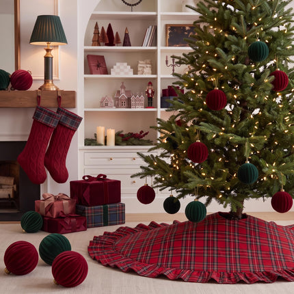 Falda de árbol de Navidad de tartán rojo con borde de volantes y lazo, 36 Inch