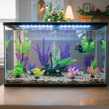 Ameliade Fish Tank Decor Set with Shipwreck Decoration, Little Diver Floating & 13 Aquatic Artificial Plants - Betta Plants & Hiding Spots for Aquariums and Small Fish Tank Accessories
