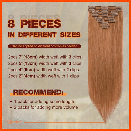 Benehair Clip on Hair Extensions Real Human Hair Auburn Hair Extensions Clip in Human Hair Long Straight Remy Natural Full Head 8pcs 20inch #30 Light Auburn