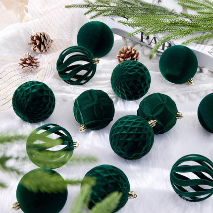 Christmas Balls, 16 Dark Green Flocked Ornaments for Tree Decor