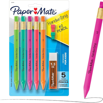 Paper Mate Handwriting Triangular Mechanical Pencil Set with Lead & Eraser Refills, 1.3mm, 8 Count - Back to School, Teacher Supplies, Home, Kids Writing, Fun Barrel Colors