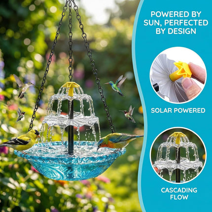 Solar Powered Hanging Bird Bath Fountain, Hanging Bird Bath Fountains Solar Power Outdoor Solar Powered Bird Bath for Deck Patio Yard Lawn, Attracts Hummingbirds,Blue