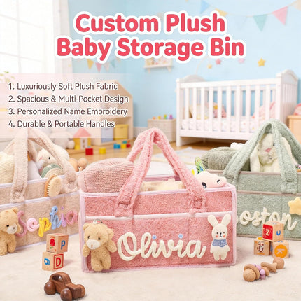 Personalized Plush Baby Storage Basket Customizable with Name and Design Baby Essentials Organizer with Removable Dividers Ideal for Car Storage Nursery Organization And Christening Gifts