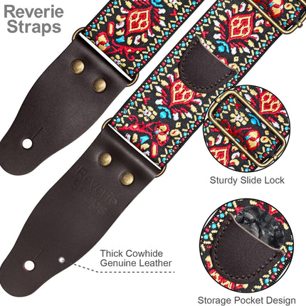 Jacquard Embroidered Guitar Strap, Genuine Cowhide Leather Ends, Adjustable for Bass Electric Acoustic