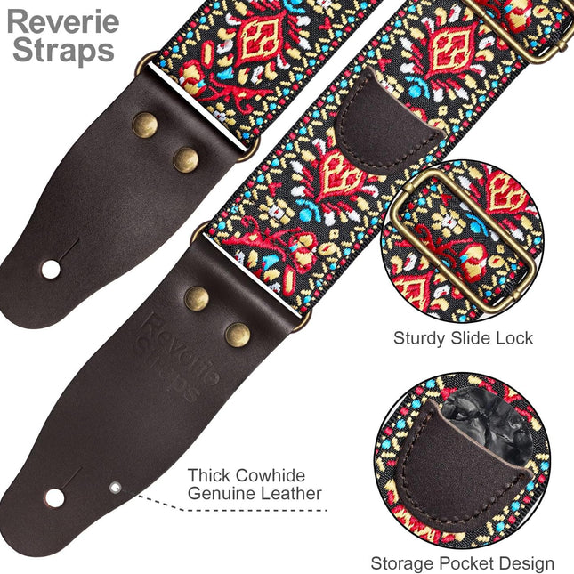 Jacquard Embroidered Guitar Strap with Cowhide Leather Ends