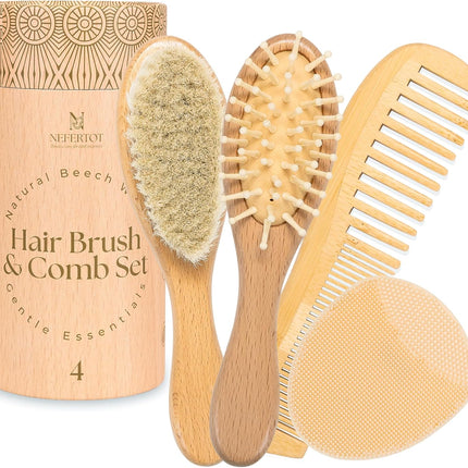 Wooden Baby Hair Brush Grooming Kit with Beech Wood Goat Hair Brush, Cradle Cap Brush, Silicone Scalp Massager, Ultra Soft Bristle Brush | Gender Neutral Newborn Hairbrush Set for Boy or Girl
