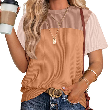 Womens Fashion 2026 Color Block Shirts Short Sleeve Knitted Summer Fall Tops Casual Trendy