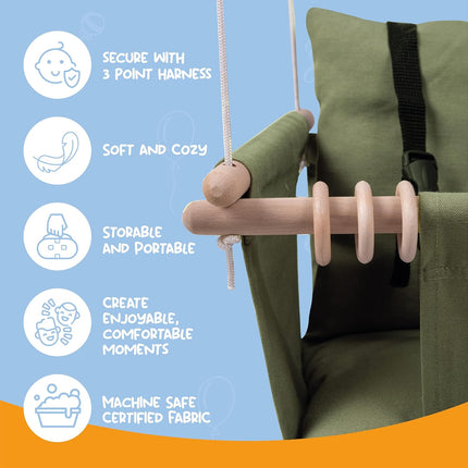 Indoor Outdoor Baby Swing with 3-Point Harness and Hardware for Ceiling, Porch, Doorway, Canvas Toddler Swing Seat Green