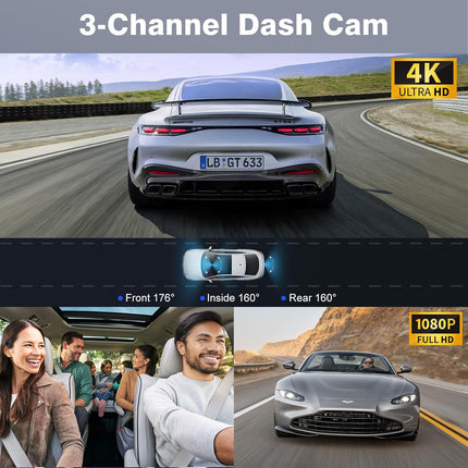4K+1080P+1080P 5.8GHz WiFi Dash Cam Front and Rear Inside, Free 64G SD Card, 4K UHD 3 Channel Dash Camera for Cars, 360° All Sides Dashcam, G-Sensor, Night Vision, WDR, 24H Parking Monitor