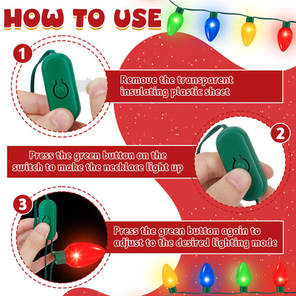 2Pack Christmas Light Necklace 9 LED Bulbs 3 Flash Modes Ugly Sweater Light