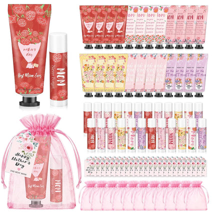 Loopeer 24 Sets Mother's Day Hand Cream and Lip Balm Gifts Bulk with Greeting Card and Bags Pink Mother's Day Gift Ideas Mom Party Favors Stuffers for Women Friends Ladies