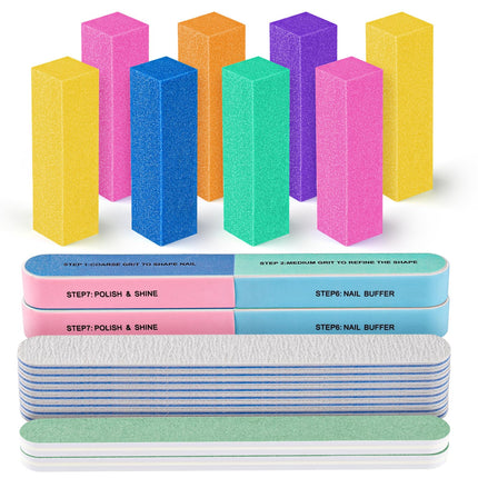Limás y pulidores de uñas, kit de limas de uñas de 20PCS. Bloque pulidor rectangular y lima de uñas de 7 lados de 100/180 Grit y pulidor. Kit de preparación de uñas. Herramientas de manicura