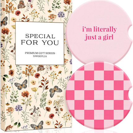 Swooflia Car Coasters for Women - Checkered Ceramic Car Cupholder Coaster Cool Absorbent Mat Coaster with Cork Base 2 Pack Automotive Cup Holder Accessories New Driver Gifts for Decor