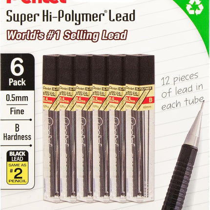 Pentel Super Hi-Polymer Lead Refills, 0.5 mm, B, 72 Pieces (12 pcs per tube, 6 tubes)