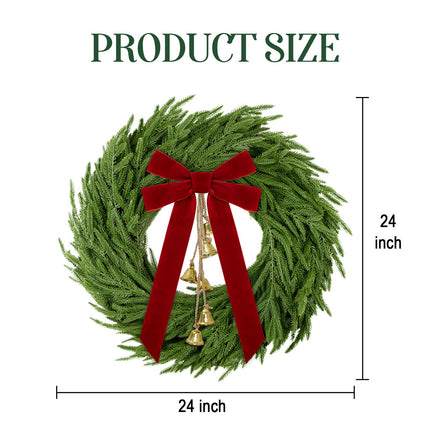 Christmas Decor, 24" Norfolk Pine Christmas Wreath with Velvet Bow & Bells