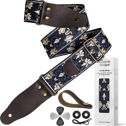Jacquard Embroidered Guitar Strap, Genuine Cowhide Leather Ends, Adjustable for Bass Electric Acoustic