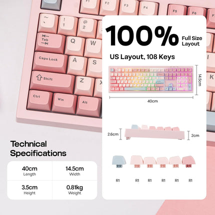 MechLands Aula S102 Membrane Gaming Keyboard with Number Pad, 100% Full Size Layout, USB-C Wired, RGB Backlit, Creamy Silicone Structure, Silent Keyboard for PC Game/Office (Pink)