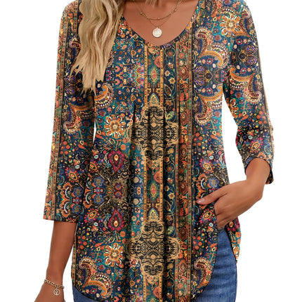 3/4 Length Sleeve Womens Tops V Neck Blouses Pleated Casual Shirts