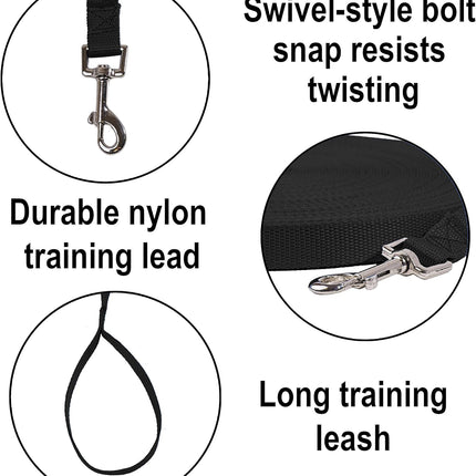 Hi Kiss Dog/Puppy Obedience Recall Training Agility Lead - 15ft 20ft 30ft 50ft 100ft Training Leash - Great for Play, Camping, or Backyard - Black 20ft